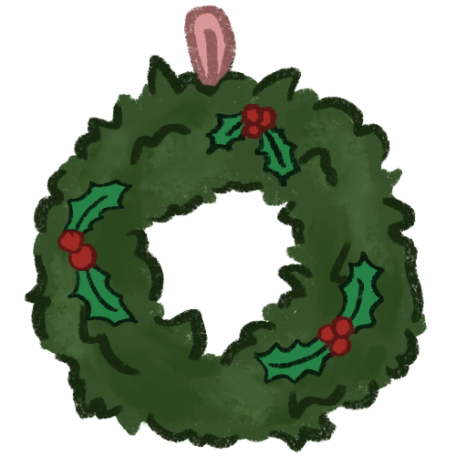  a circular green wreath with a light red tag at the top to hang it from things. It has three bunches of holly on it. 